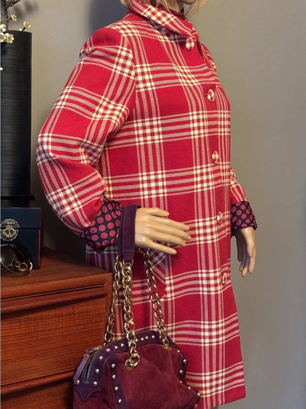 Red Tartan check  coat with polka dot silk lining